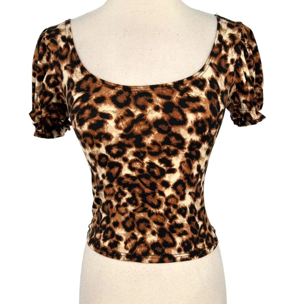 One by One Leopard Print Puff Sleeve Scoop Neck Top Dark Brown Cream Large NWT